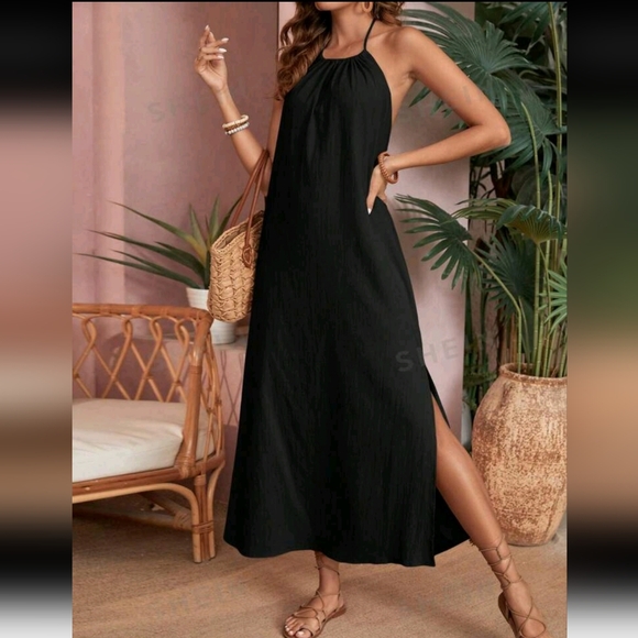 NWOT VCAY Sleeveless Long Dress, Open Back & Halter Tie, L (8-10), Black - Picture 2 of 5